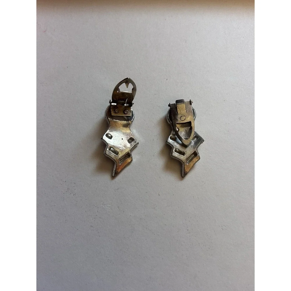 Art Deco Silver Tone Pavé Crystal Rhinestone Clip-On Dangle Drop Earrings